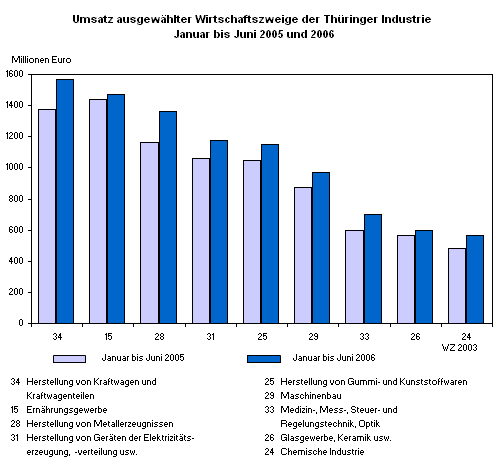 Umsatz ausgewählter Wirtschaftszweige der Thüringer Industrie Januar bis Juni 2005 und 2006