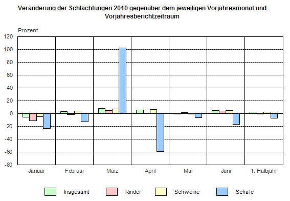 Veränderung der Schlachtungen 2010 gegenüber dem jeweiligen Vorjahresmonat und Vorjahresberichtzeitraum