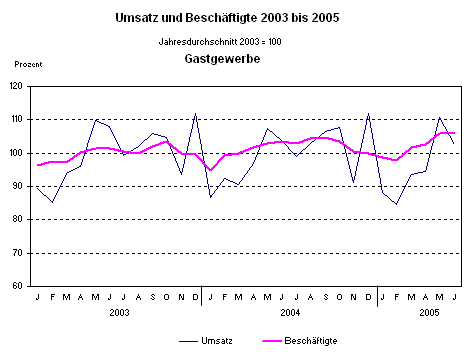 Umsatz und Beschäftigte 2003 bis 2005