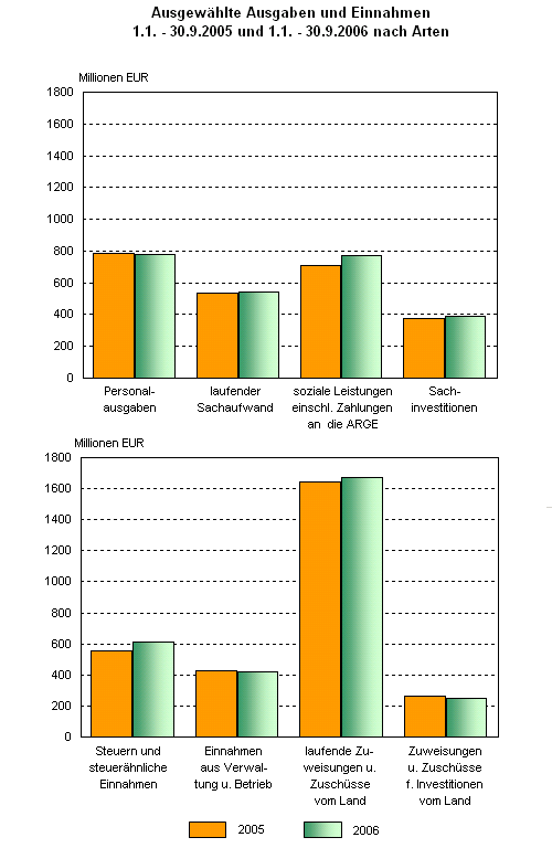 Ausgewählte Ausgaben und Einnahmen 1.1. - 30.9.2005 und 1.1. - 30.9.2006 nach Arten