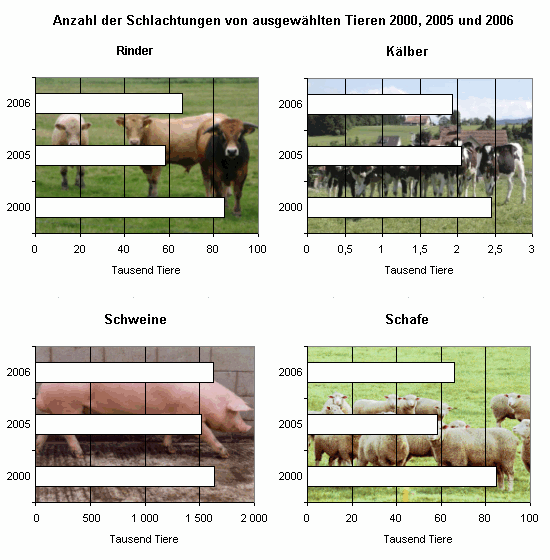 Anzahl der Schlachtungen von ausgewählten Tieren 2000, 2005 und 2006
