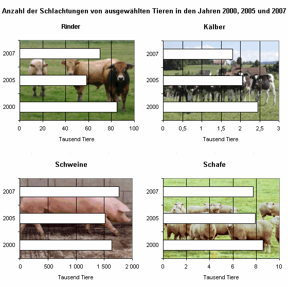 Anzahl der Schlachtungen von ausgewählten Tieren in den Jahren 2000, 2005 und 2007