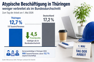 zur Pressemitteilung 099 vom 30. April 2026: &bdquo;Atypische Besch�ftigung in Th�ringen weniger verbreitet als im Bundesdurchschnitt<br><thin>Zum Tag der Arbeit am 1.&nbsp;Mai&nbsp;2026</thin>&ldquo; im PDF-Format