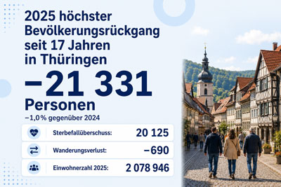 zur Pressemitteilung 111 vom 12. Mai 2026: „2025 höchster Bevölkerungsrückgang seit 17 Jahren in Thüringen<br><thin>Ursachen sind ein höherer Sterbefallüberschuss und weniger Zuwanderung</thin>“ im PDF-Format