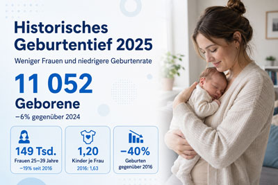 zur Pressemitteilung 142 vom 12. Juni 2026: &bdquo;Historisches Geburtentief&nbsp;2025 in Th�ringen<br><thin>Weniger Frauen und gesunkene Geburtenrate als Ursache des Geburtenr�ckgangs</thin>&ldquo; im PDF-Format