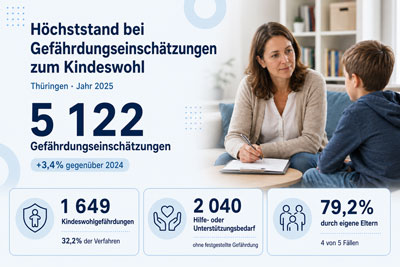zur Pressemitteilung 174 vom 15. Juli 2026: &bdquo;Erneuter H�chststand an Gef�hrdungseinsch�tzungen zum Kindeswohl in Th�ringen im Jahr&nbsp;2025<br><thin>In 4 von 5&nbsp;F�llen Gef�hrdung durch eigene Eltern</thin>&ldquo; im PDF-Format