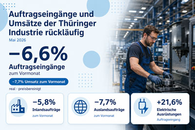 zur Pressemitteilung 176 vom 16. Juli 2026: „Rückläufige Entwicklung der Auftragseingänge und Umsätze der Thüringer Industriebetriebe im Mai 2026 “ im PDF-Format